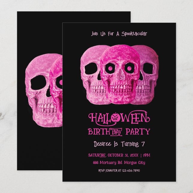 Invitation Crâne Drôle Gothique Fille rose Halloween Annivers (Devant / Derrière)