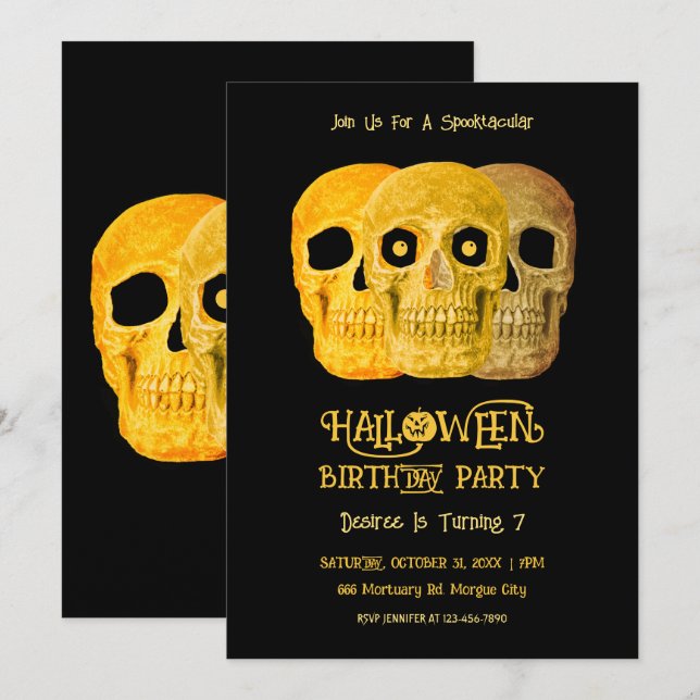 Invitation Crâne drôle Gothique Jaune Noir Halloween Annivers (Devant / Derrière)