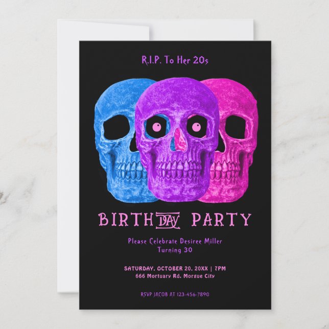 Invitation Crâne drôle violet gothique d'anniversaire RIP à s (Devant)