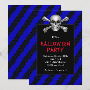 Invitation Crâne et os croisés Bleu Stripe Halloween Party
