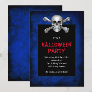 Invitation Crâne et os croisés Blue Grunge Halloween Party