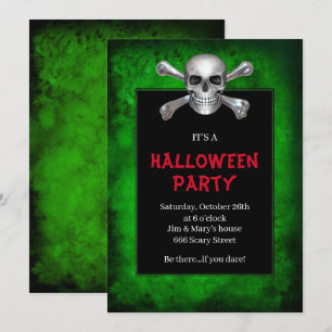 Invitation Crâne et os croisés Green Grunge Halloween Party