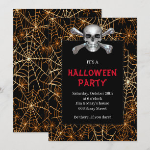 Invitation Crâne et os croisés Orange Cobweb Halloween Party