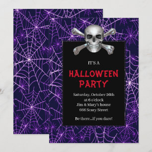Invitation Crâne et os croisés violet Cobweb Halloween Party