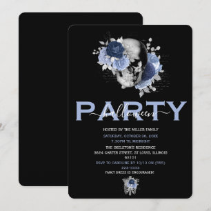 Invitation Crâne Floral Bleu Élégant pour Soirée Halloween Ad