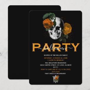 Invitation Crâne Floral Orange Élégant pour Soirée d'Hallowee