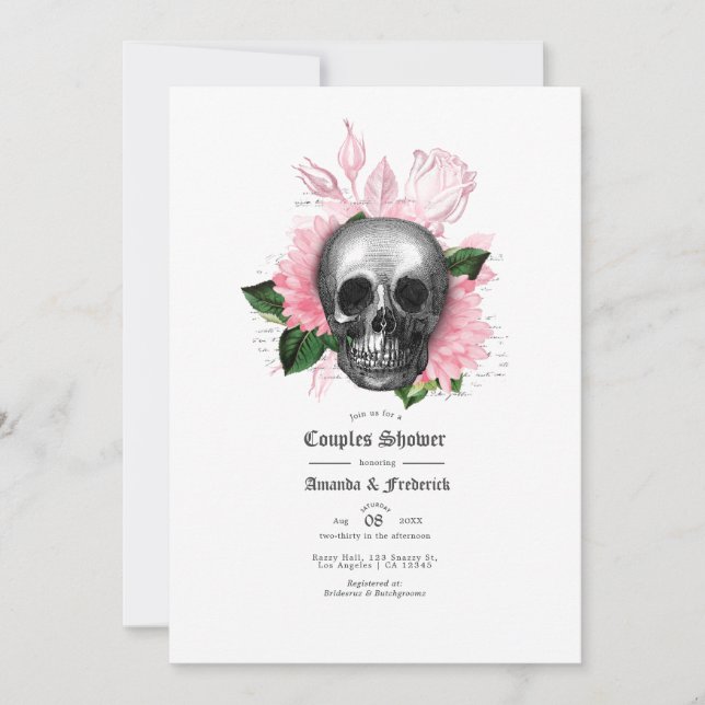Invitation Crâne Floral Rose Douche de couples Gothique (Devant)