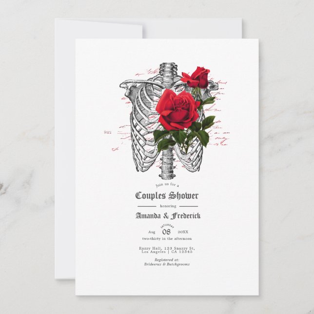 Invitation Crâne floral rouge et noir Couples gothiques Douch (Devant)