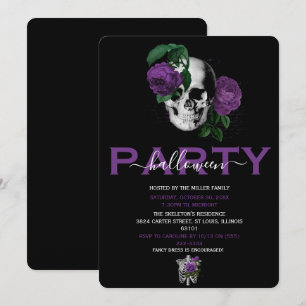 Invitation Crâne Floral Violet Élégant pour Soirée d'Hallowee