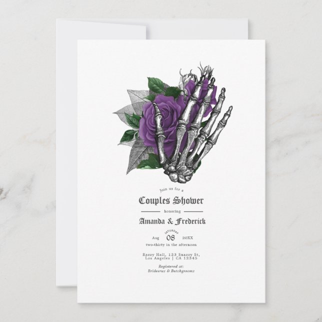 Invitation Crâne Floral Violet pour douche de couples gothiqu