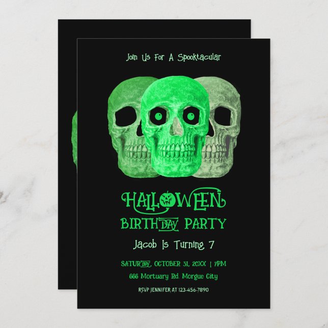 Invitation Crâne Funny Gothique Vert Noir Halloween Anniversa (Devant / Derrière)