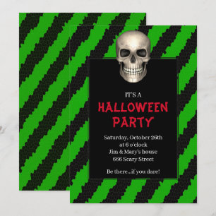 Invitation Crâne gothique à rayure verte pour soirée Hallowee