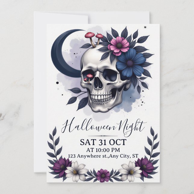 Invitation Crâne gothique et fête d'Halloween florale Invitat (Devant)