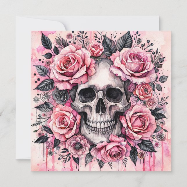 Invitation Crâne Grimaçant et Roses Pink Gothique (Devant)