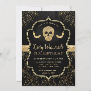 Invitation Crâne noir et or et Cobwebs 21e anniversaire