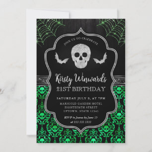 Invitation Crâne noir et vert et Cobwebs 21e anniversaire