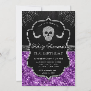 Invitation Crâne Pailleté Violet et Toile d'Araignée Annivers