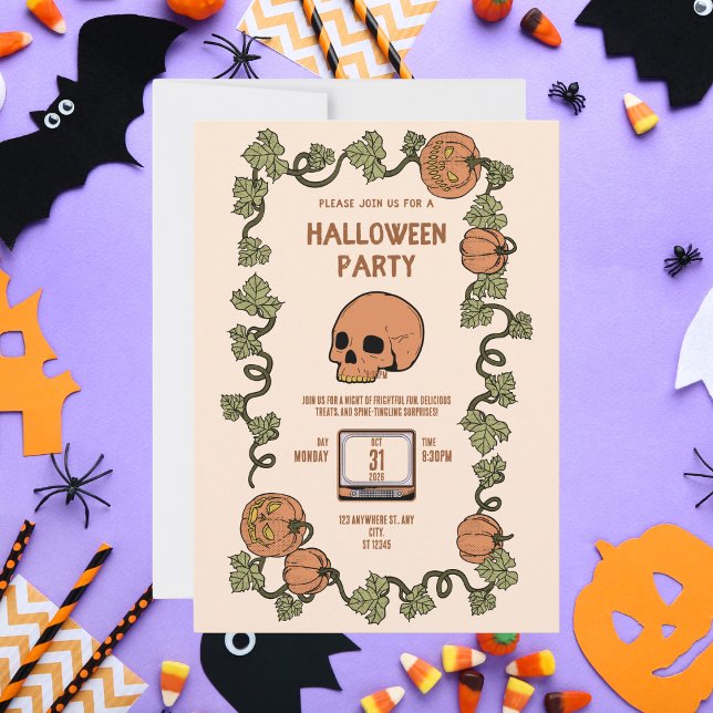 Invitation Crâne rétrograde et fête Citrouille d'Halloween (Créateur téléchargé)