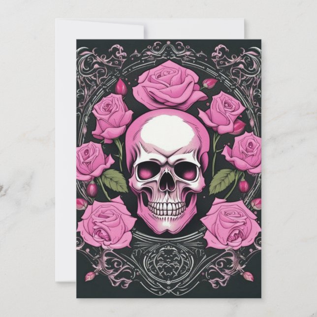 Invitation Crâne rose et Rose Mariage d'élégance gothique (Devant)