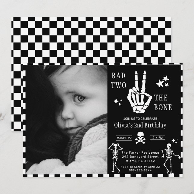 Invitation Crâne Squelette Mauvais jusqu'à l'Os 2ème Annivers (Devant / Derrière)