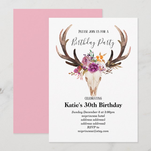 Invitation crâne taureau Fleur, anniversaire bohème (Devant / Derrière)