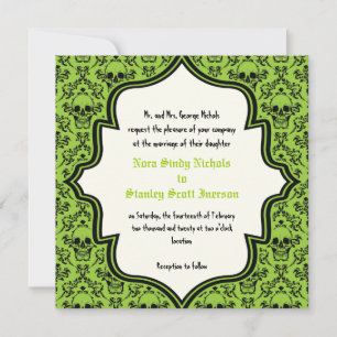 Invitation Crânes damask vert, noir Halloween mariage