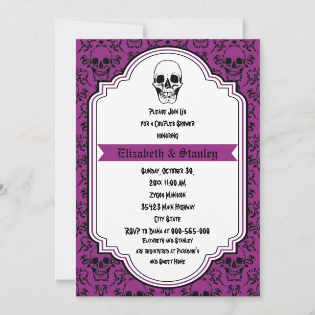 Invitation Crânes damassé violet, mariage noir couples douche (Devant)