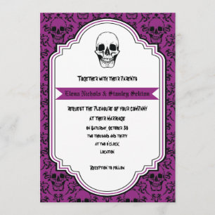 Invitation Crânes damassé violet, noir mariage Halloween