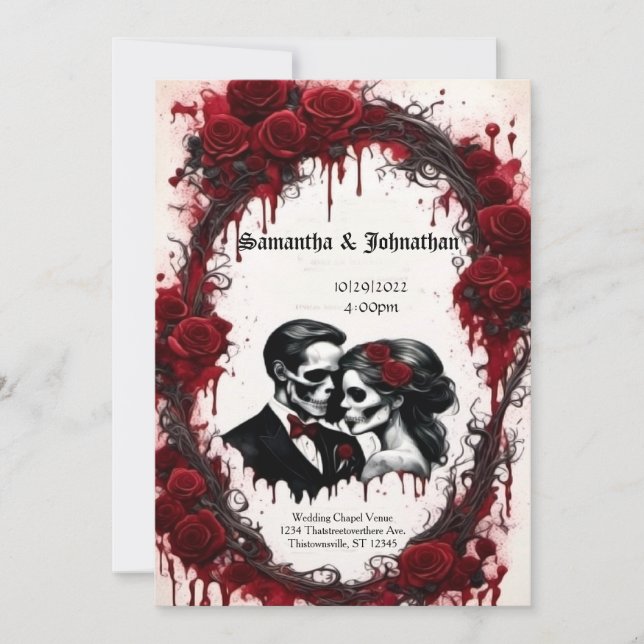 Invitation Crânes de couple Zombie et Mariage de goth Rose (Devant)