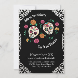Invitation Crânes de sucre et fleurs du Jour des morts en noi