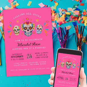 Invitation Crânes de sucre rose chaud Jour de l'anniversaire 