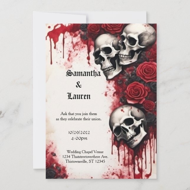 Invitation Crânes en cascade et Mariage de goth Rose (Devant)