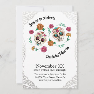 Invitation Crânes et fleurs en sucre de Jour des morts en arg