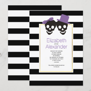 Invitation Crânes et rayures violet mariage d'Halloween