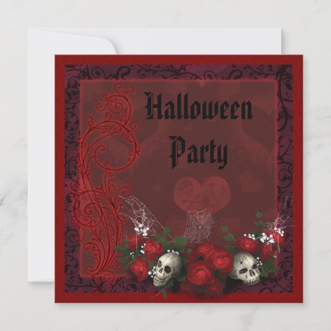 Invitation Crânes et roses gothiques noirs et Halloween rouge (Devant)