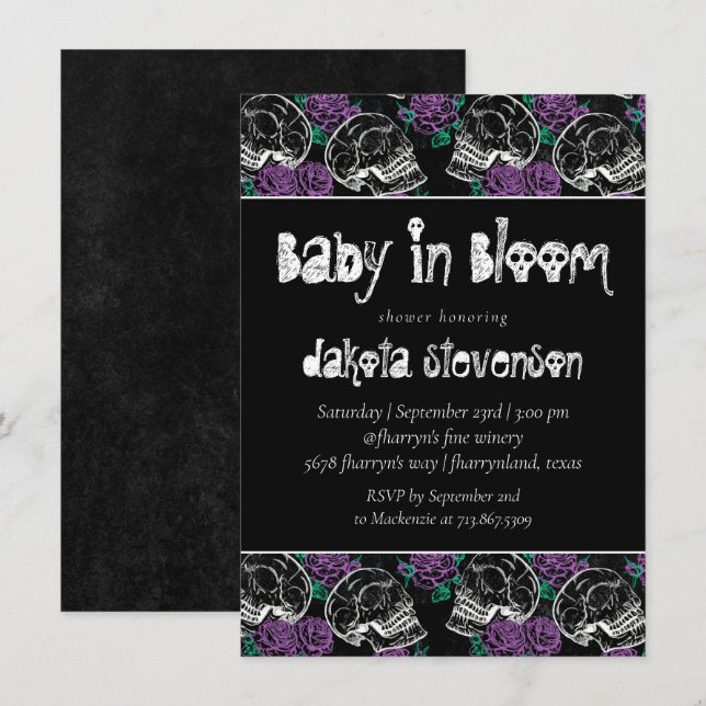 Invitation Crânes et roses rouges | Baby Goth moderne en Fleu (Devant / Derrière)