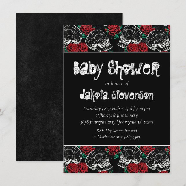 Invitation Crânes et roses rouges | Baby shower gothique mode (Devant / Derrière)