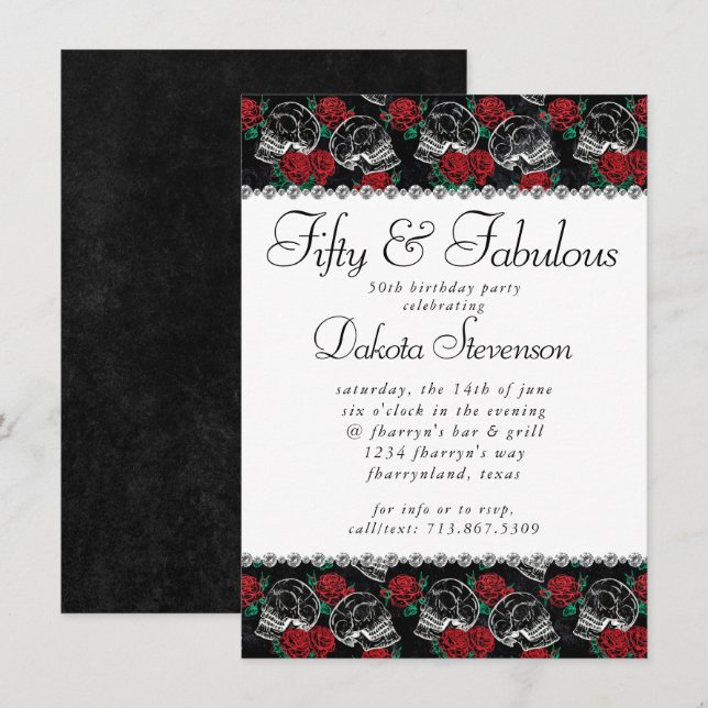 Invitation Crânes et roses rouges | Moderne Goth 50 et fabule (Devant / Derrière)