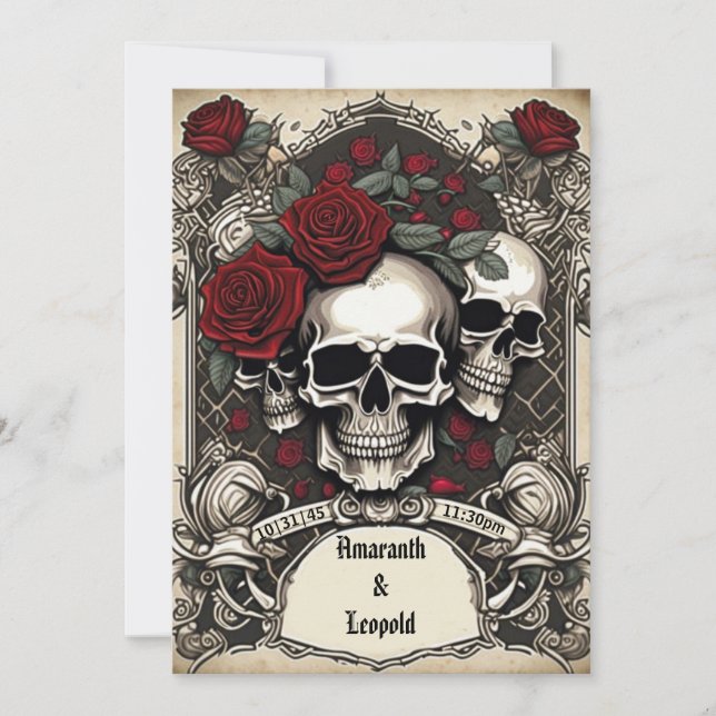 Invitation Crânes Et Treillis Rose Mariage Gothique Tradition (Devant)
