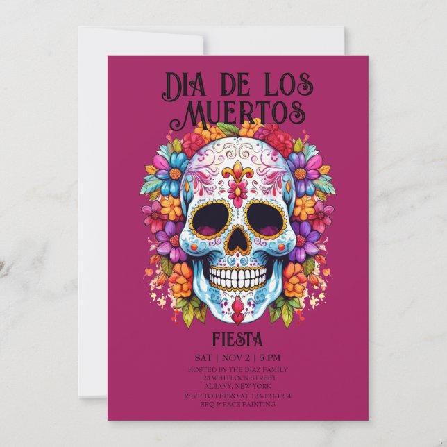 Invitation Crânes Fleurs Magenta Dia de los Muertos (Devant)