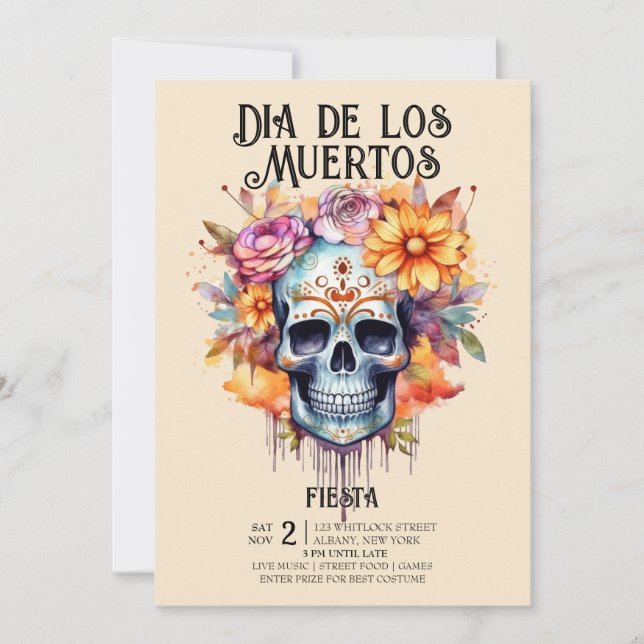 Invitation Crânes Fleurs Pink Dia de los Muertos (Devant)