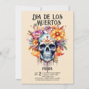 Invitation Crânes Fleurs Pink Dia de los Muertos