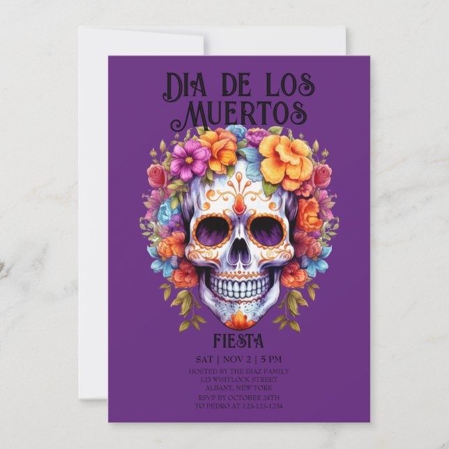 Invitation Crânes Fleurs pourpre Dia de los Muertos Parti (Devant)