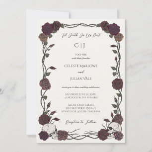 Invitation Crânes Floraux Dessinés à la Main de Style Gothiqu