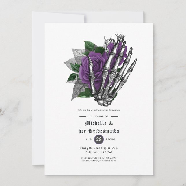 Invitation Crânes gothiques florales violettes Marionnettes D (Devant)