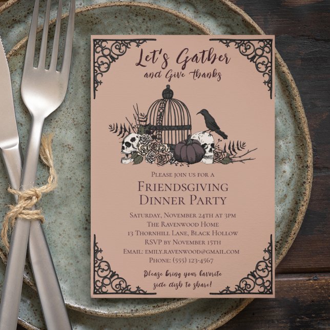 Invitation Crânes gothiques & Roses Remercient Amical (Gothic Friendsgiving Dinner Vintage Rose Invite. Hand-Drawn Skull Roses Birdcage Pumpkin Fall Leaves)