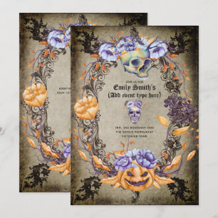 Invitation Crânes gothiques vintage fleurs violettes orange G