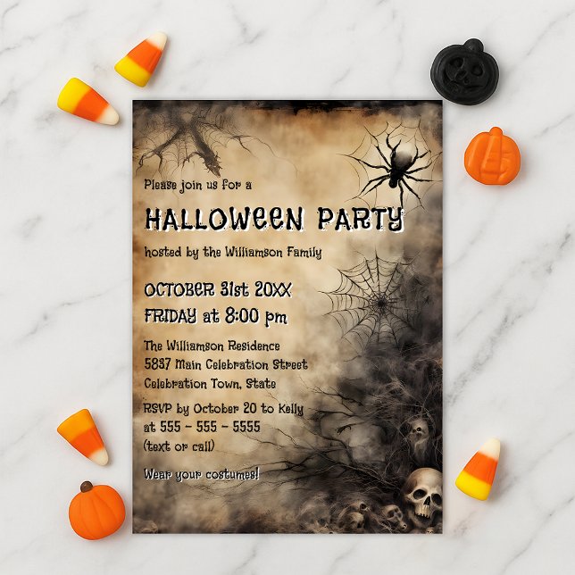 Invitation Crânes Grungy Spiderweb et Halloween de l'arbre nu (Créateur téléchargé)