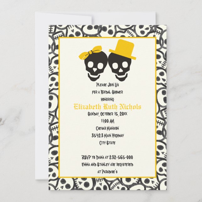 Invitation Crânes Halloween jaune mariage douche nuptiale (Devant)