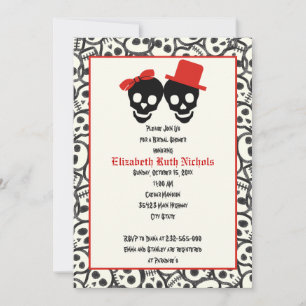 Invitation Crânes Halloween mariage noir rouge douche nuptial